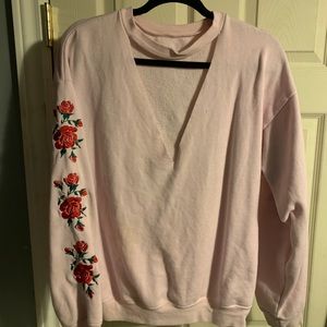 Rose embroidered pink sweater